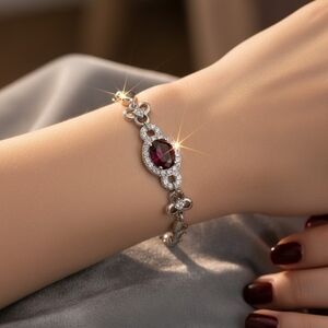 Elegant Garnet & Crystal Floral Link Bracelet – Silver Tone - Brand New